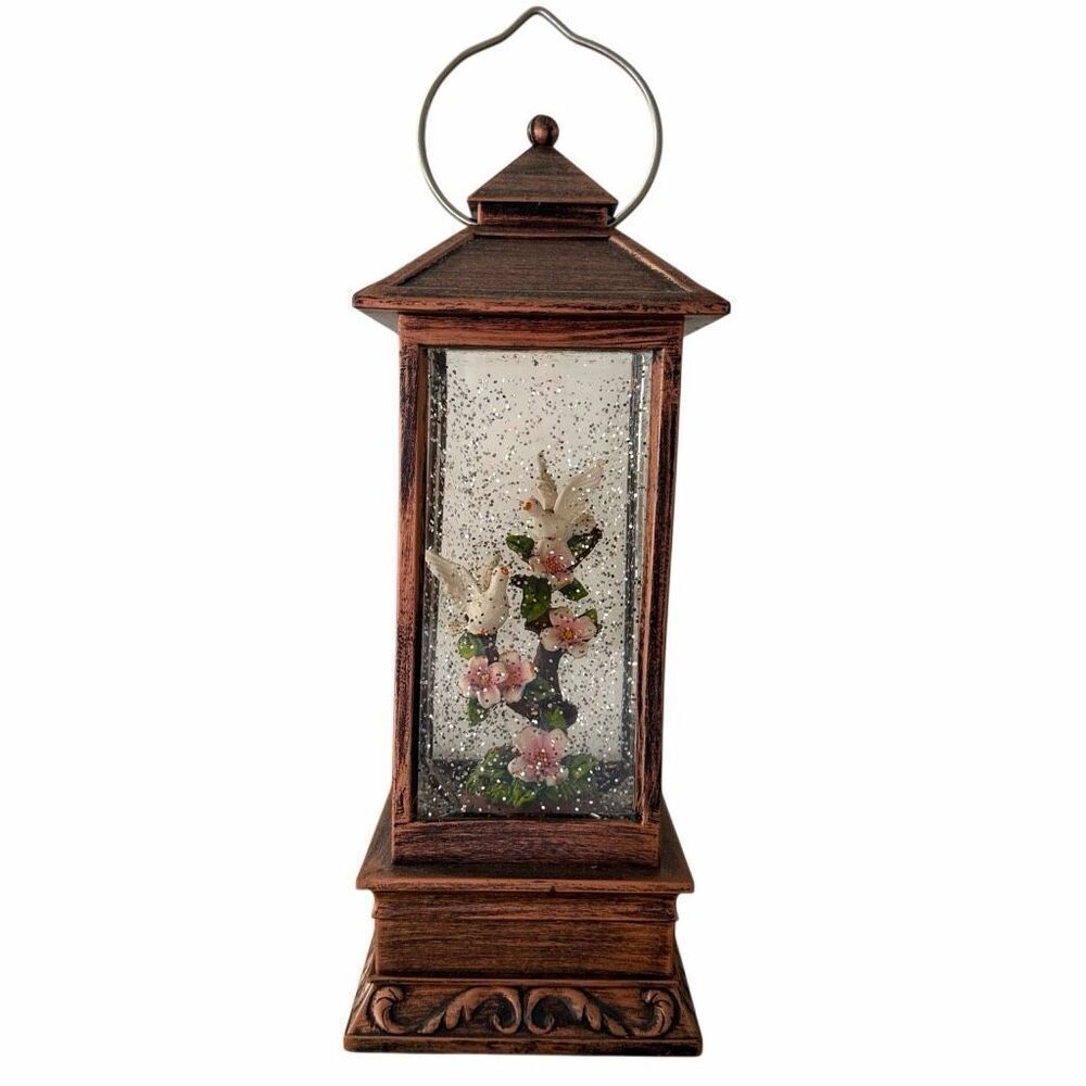 Textured Bronze Lantern Doves on Branch LED Metal Tabletop Christmas Water Snow